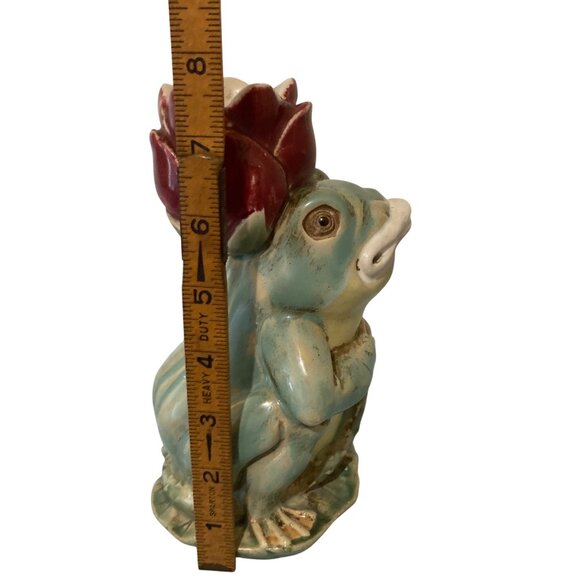 Majolica Chinese Frog Holding Lotus Flower Figurine Candle Holder - Picture 7 of 7
